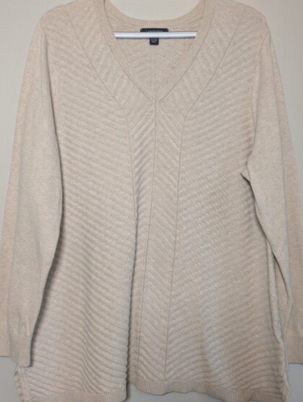 Lands' End | Cotton Sweater Diagonal Pattern Knit Oatmeal V Neck | 1X (16W-18W)